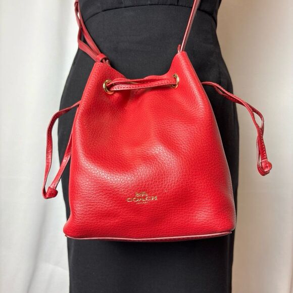 Coach Purse Derby Crossbody Bag Red Pebbled Leather Drawstring Bucket Sold Out! - Picture 5 of 12